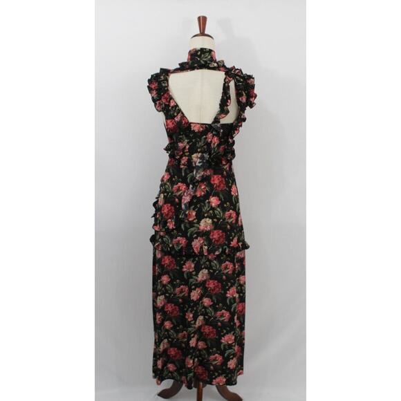 R13 LIBERTY OF LONDON Sz XS Black Pink Rose Floral Silk Dress Ruffle Slit - Picture 5 of 13